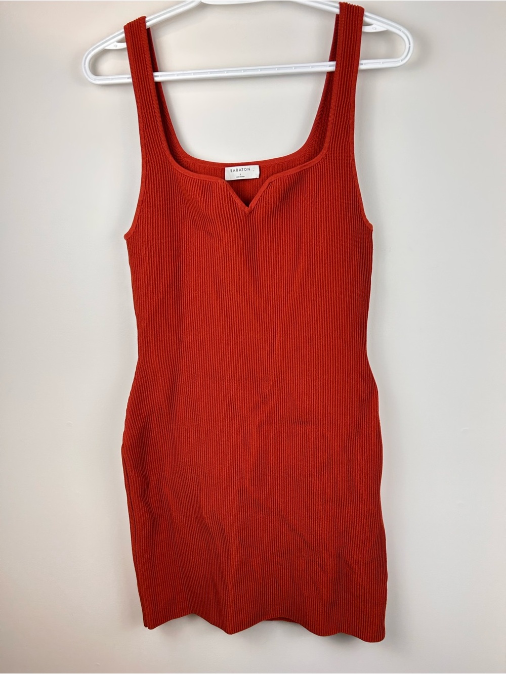 Babaton Sculpt Knit Square-Neck Tank Mini Dress Rust Red Size L